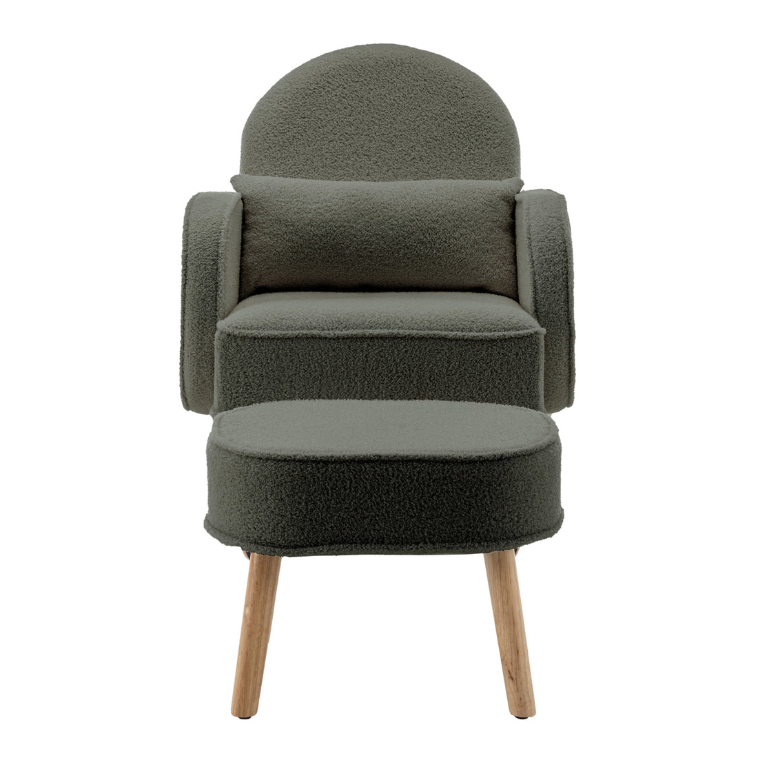 Aura Boucle Rocking Chair with Ottoman in Green, featuring a rounded padded backrest, integrated armrests, loose lumbar cushion, and matching footstool, all on light-wood tapered legs.