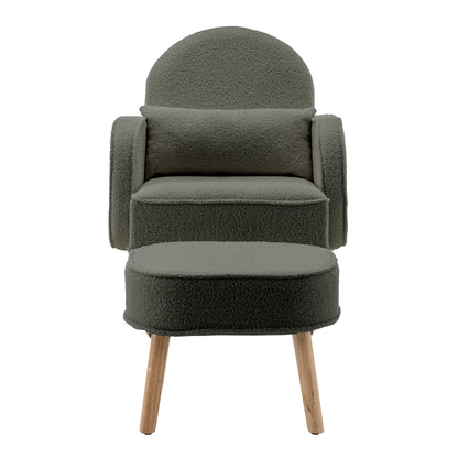 Aura Boucle Rocking Chair with Ottoman in Green, featuring a rounded padded backrest, integrated armrests, loose lumbar cushion, and matching footstool, all on light-wood tapered legs.
