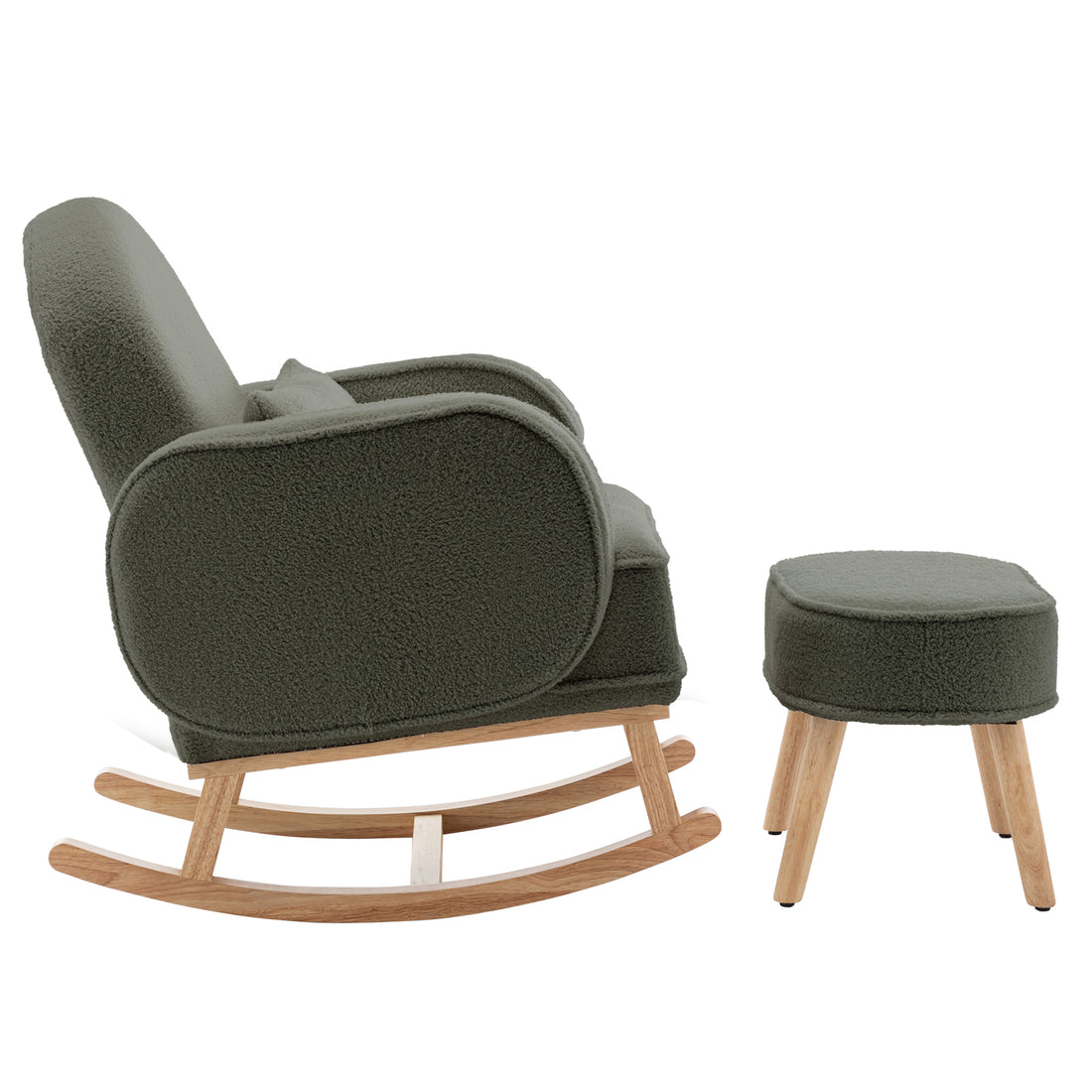 Aura Boucle Rocking Chair with Ottoman in Green, featuring soft moss-green boucle fabric, curved wooden rockers, and a matching ottoman with splayed legs, offering a stylish, comfortable seating solution.