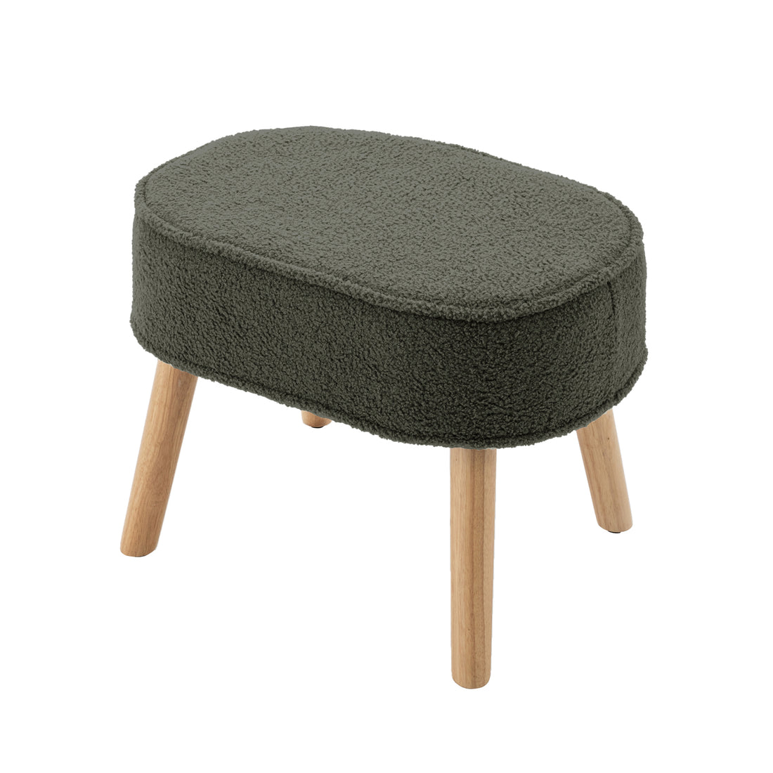 Aura Boucle Rocking Chair with Ottoman features an oval-shaped, dark green boucle fabric cushion and four wooden legs, designed to complement the matching rocking chair for relaxed comfort.