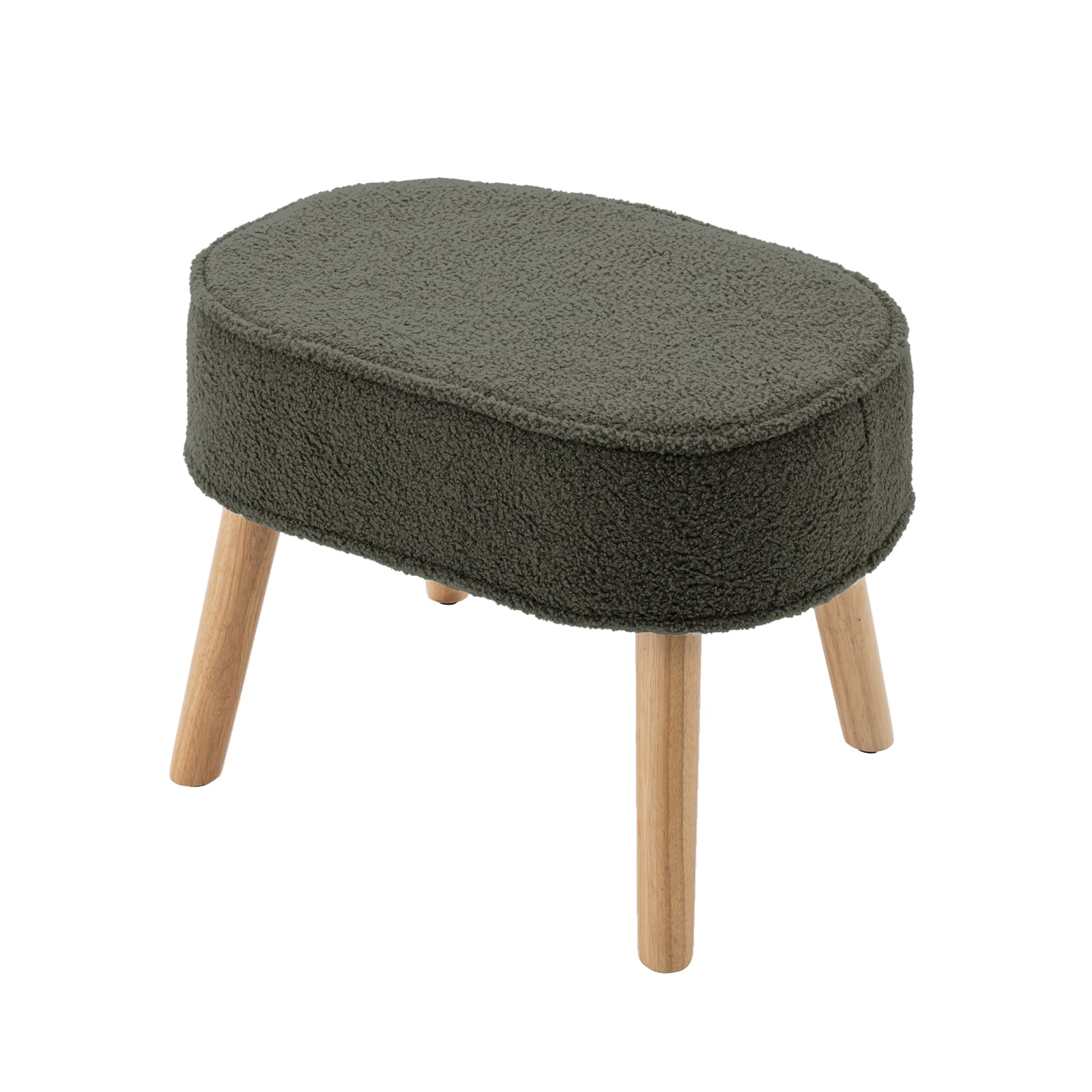 Aura Boucle Rocking Chair with Ottoman features an oval-shaped, dark green boucle fabric cushion and four wooden legs, designed to complement the matching rocking chair for relaxed comfort.