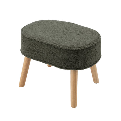 Aura Boucle Rocking Chair with Ottoman features an oval-shaped, dark green boucle fabric cushion and four wooden legs, designed to complement the matching rocking chair for relaxed comfort.
