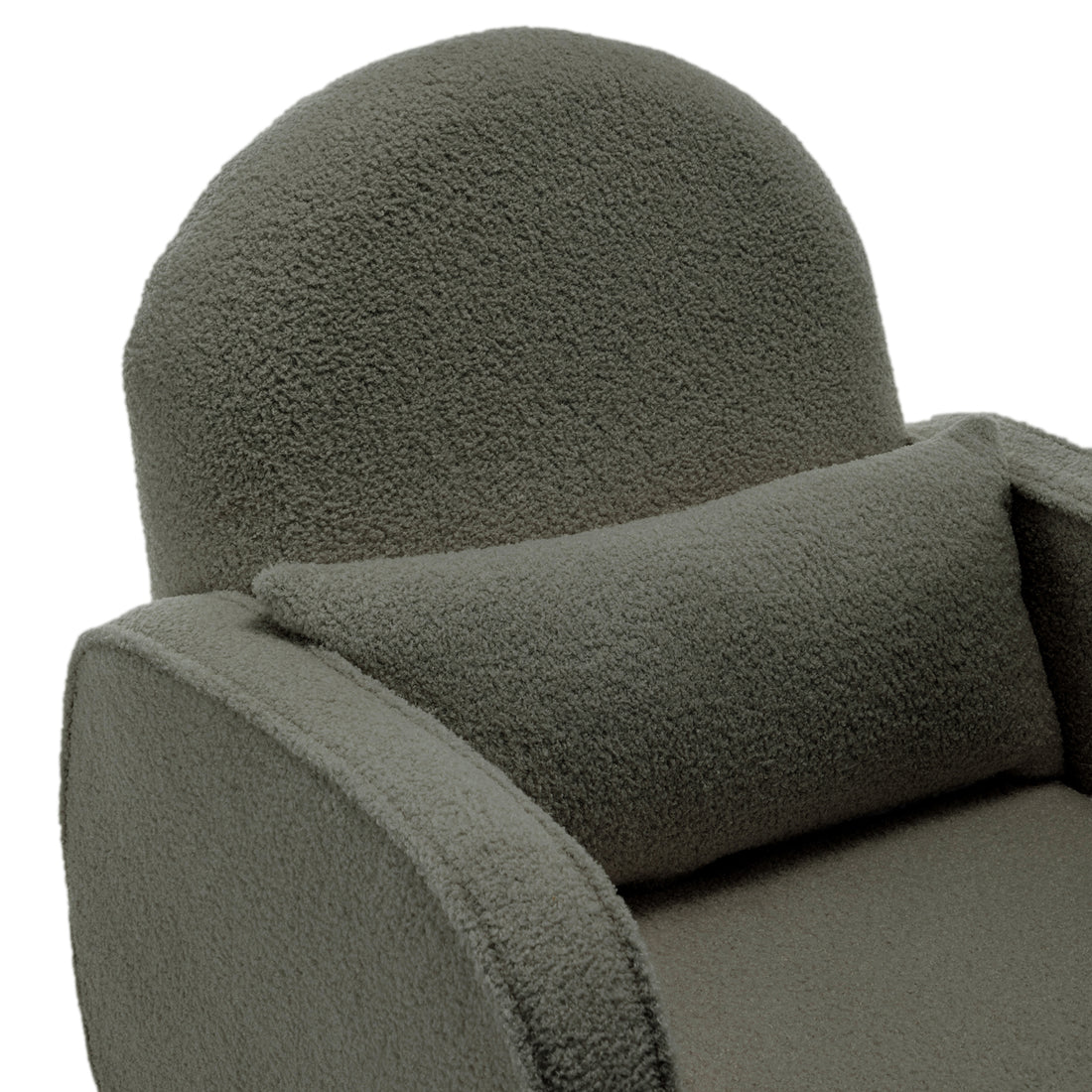 Close-up of the Aura Boucle Rocking Chair with Ottoman in Green, showcasing its modern design with boucle-style fabric, rounded backrest, arm, seat cushion, and matching lumbar pillow.