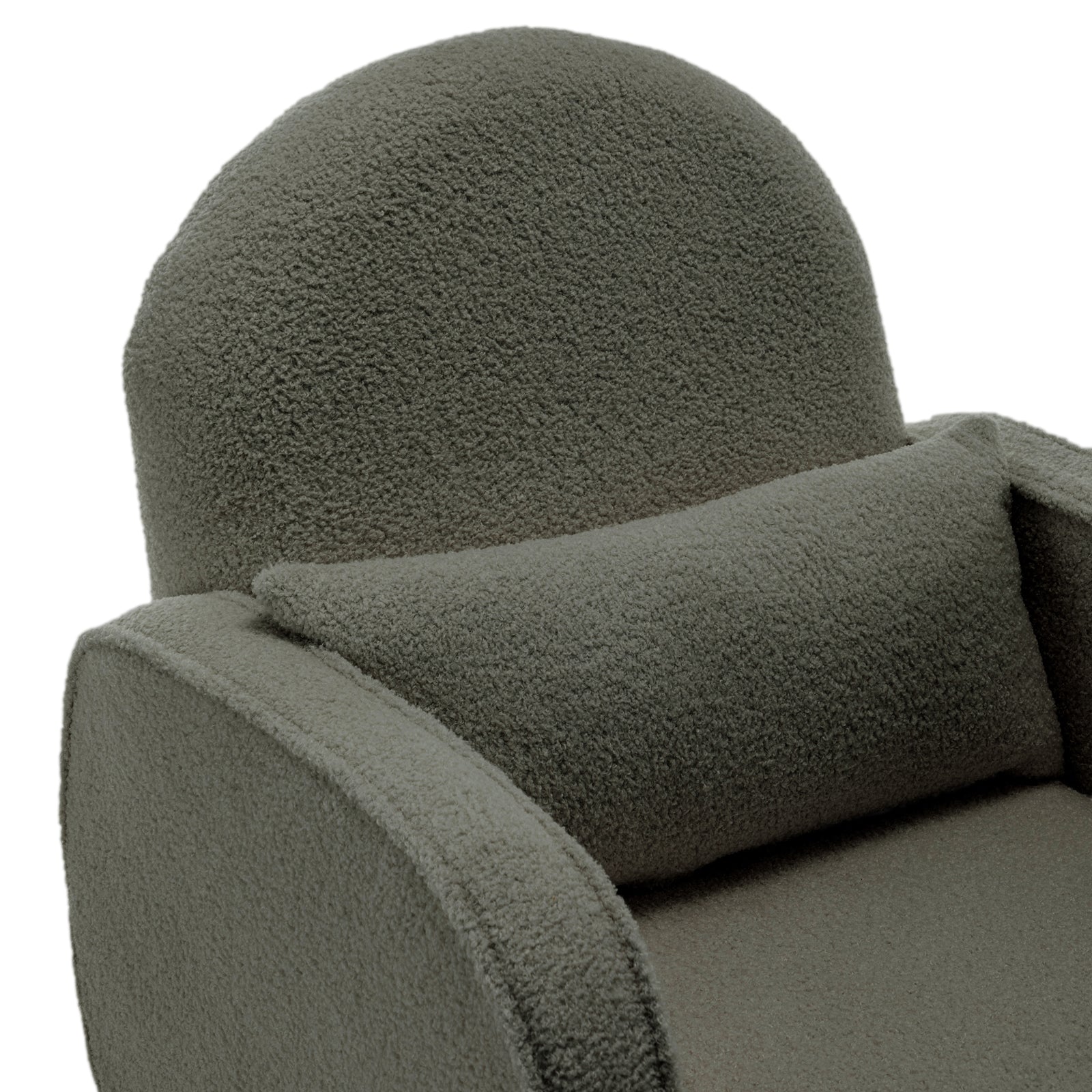 Close-up of the Aura Boucle Rocking Chair with Ottoman in Green, showcasing its modern design with boucle-style fabric, rounded backrest, arm, seat cushion, and matching lumbar pillow.