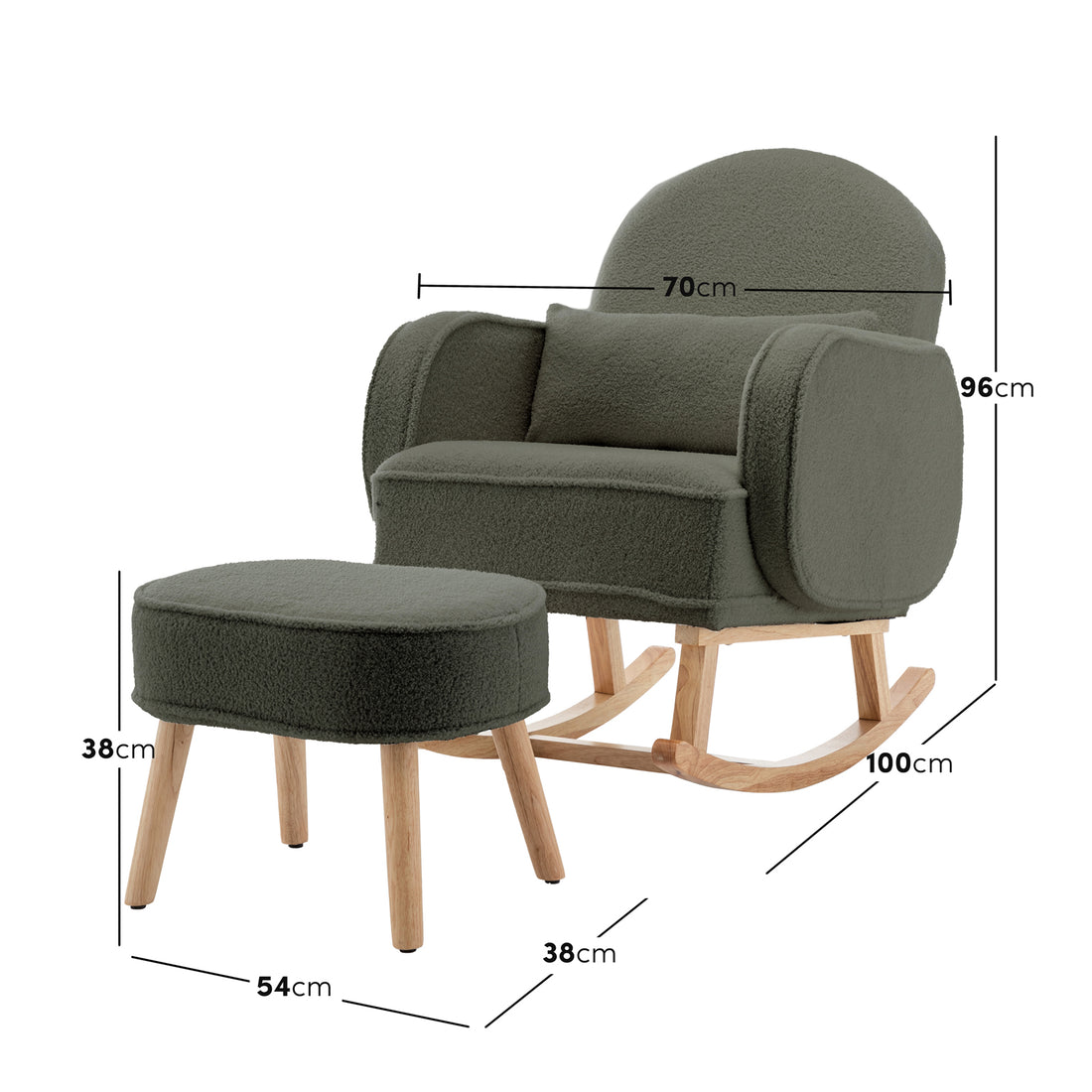 Aura Boucle Rocking Chair with Ottoman in Green, featuring plush boucle upholstery, solid wood rocker rails and legs, paired with a matching footstool. Chair dimensions: 70x100x96cm, Ottoman: 54x38x38cm.