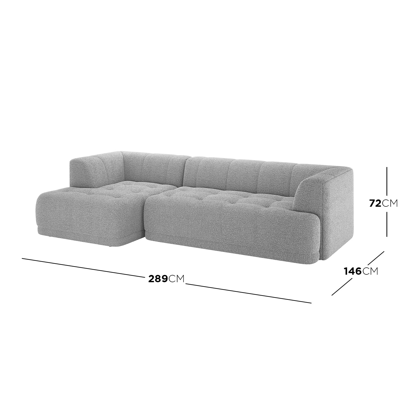 Averill 4 Seater Bouclé Fabric Chaise Sofa in Grey, showcasing a modern L-shape, light-grey textured fabric, channel-tufted backrest, and seat cushions, with a left-side chaise lounge for versatile seating.