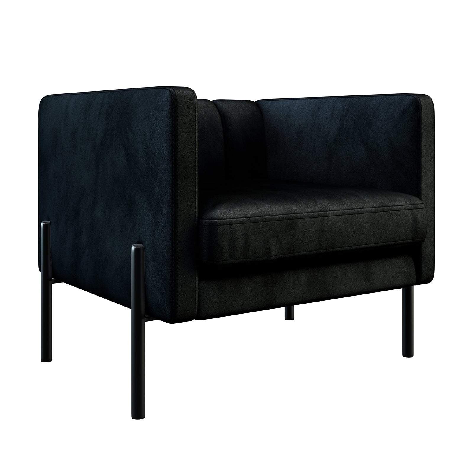 Avian Velvet Accent Sofa with Steel Legs in Black, featuring a modern design with black upholstery, straight boxy arms, and slim black metal legs, offering a stylish and elegant touch to any room.