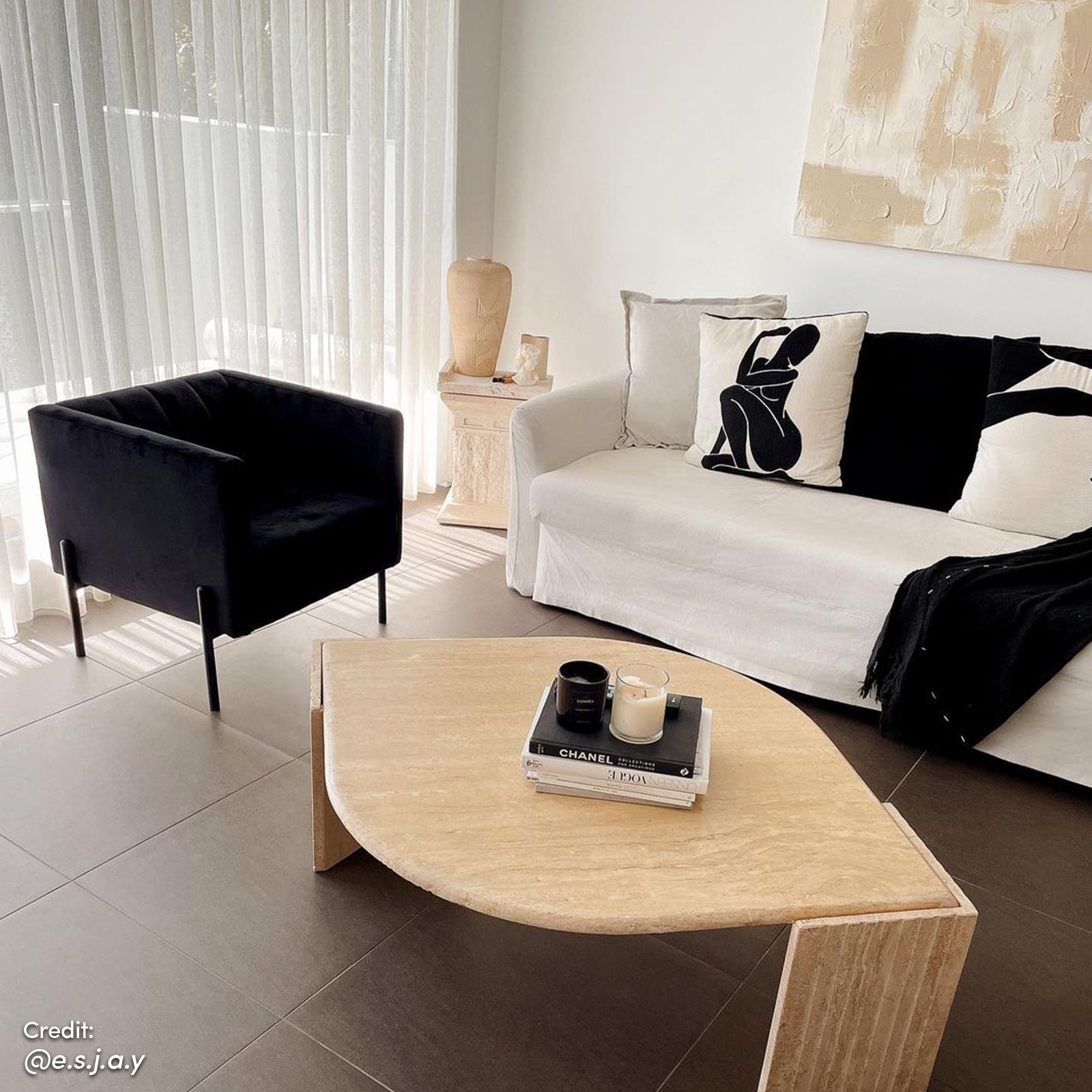 Avian Velvet Accent Sofa with Steel Legs in Black is showcased in a minimalist living room, featuring luxurious velvet upholstery, sleek steel legs, and two abstract throw pillows, creating a stylish focal point.