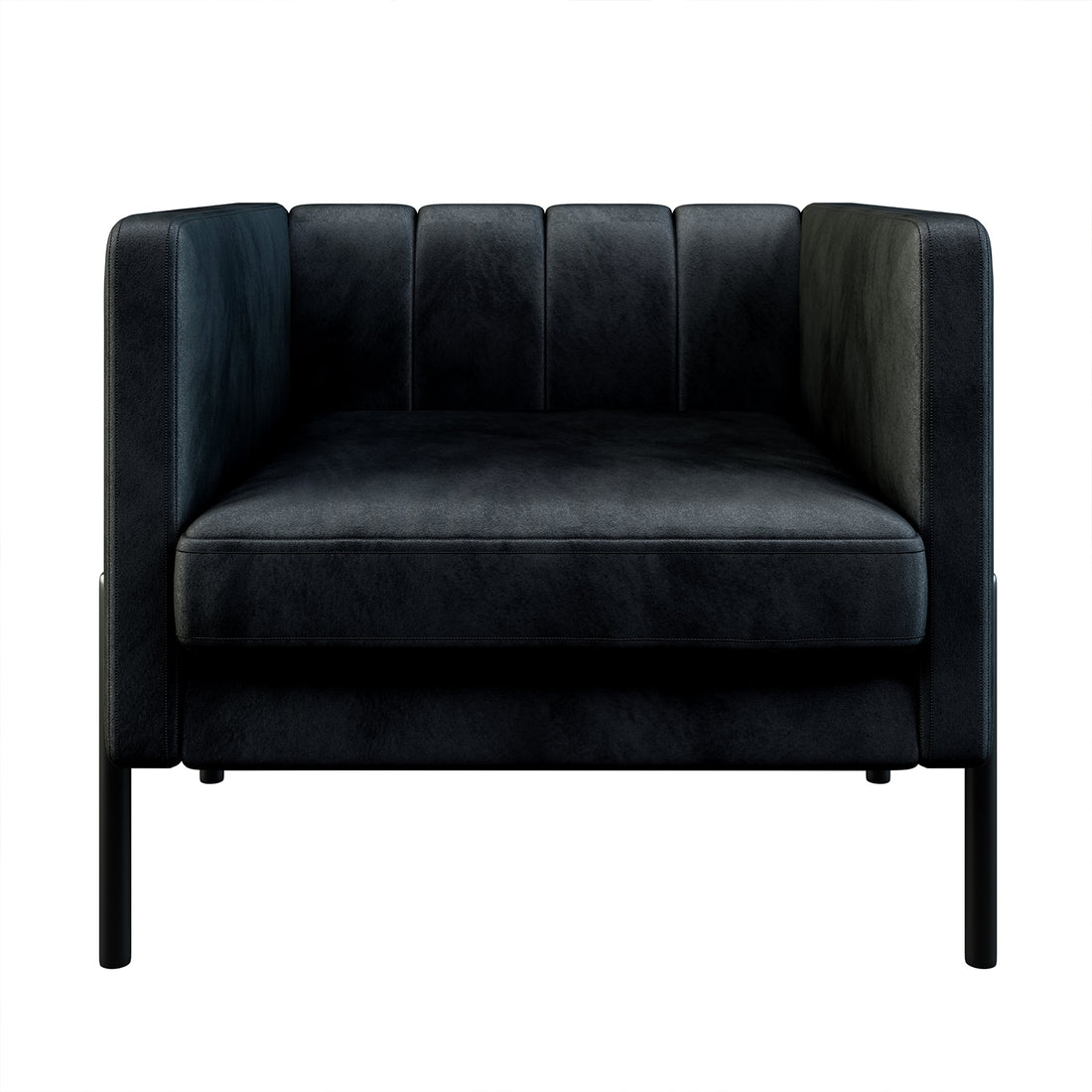 Avian Velvet Accent Sofa with Steel Legs in Black featuring a boxy silhouette, vertically stitched back, thick seat cushion, and slender metal legs, offering a modern, elegant touch to any space.