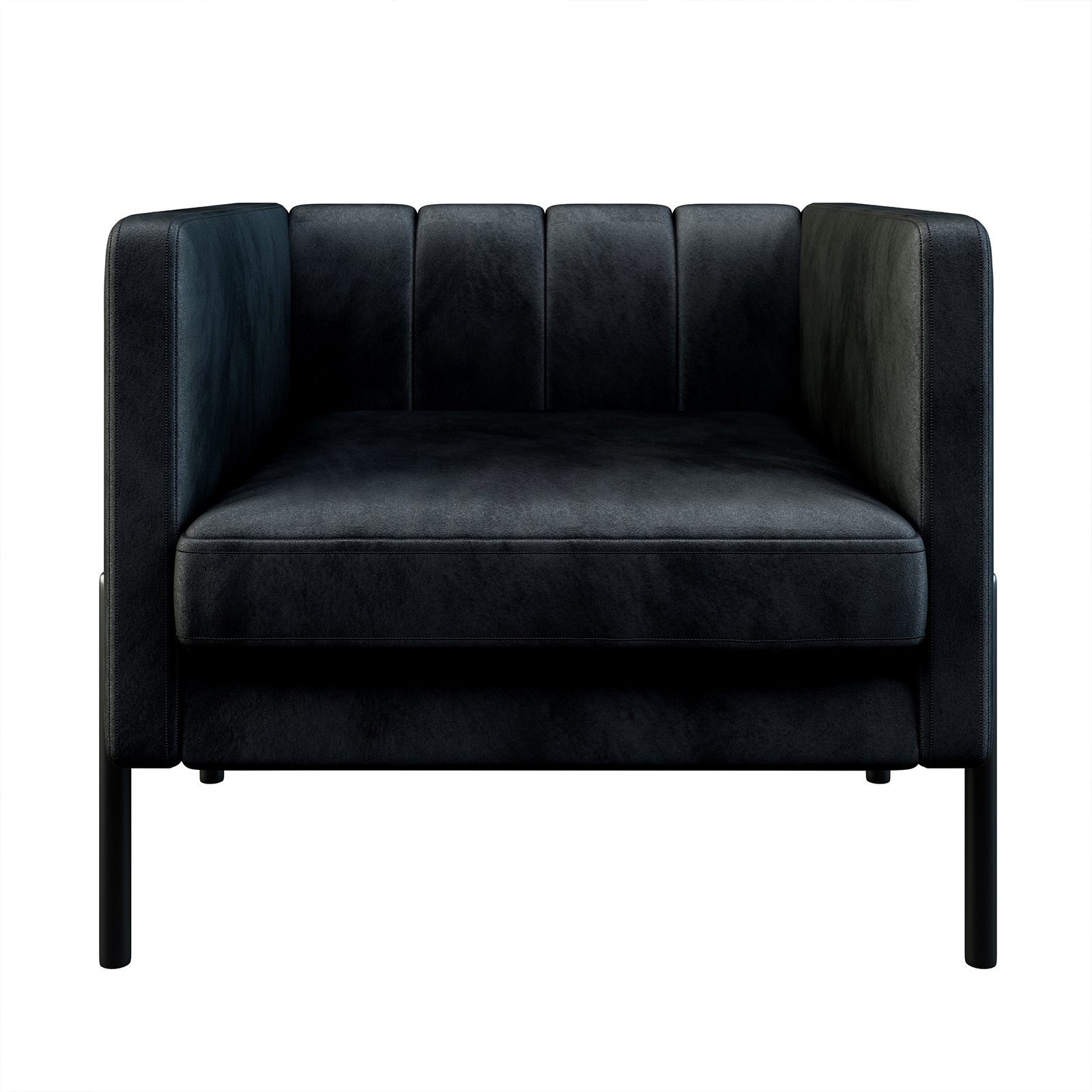 Avian Velvet Accent Sofa with Steel Legs in Black featuring a boxy silhouette, vertically stitched back, thick seat cushion, and slender metal legs, offering a modern, elegant touch to any space.