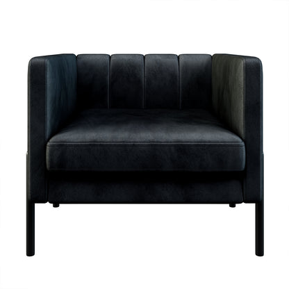 Avian Velvet Accent Sofa with Steel Legs in Black featuring a boxy silhouette, vertically stitched back, thick seat cushion, and slender metal legs, offering a modern, elegant touch to any space.