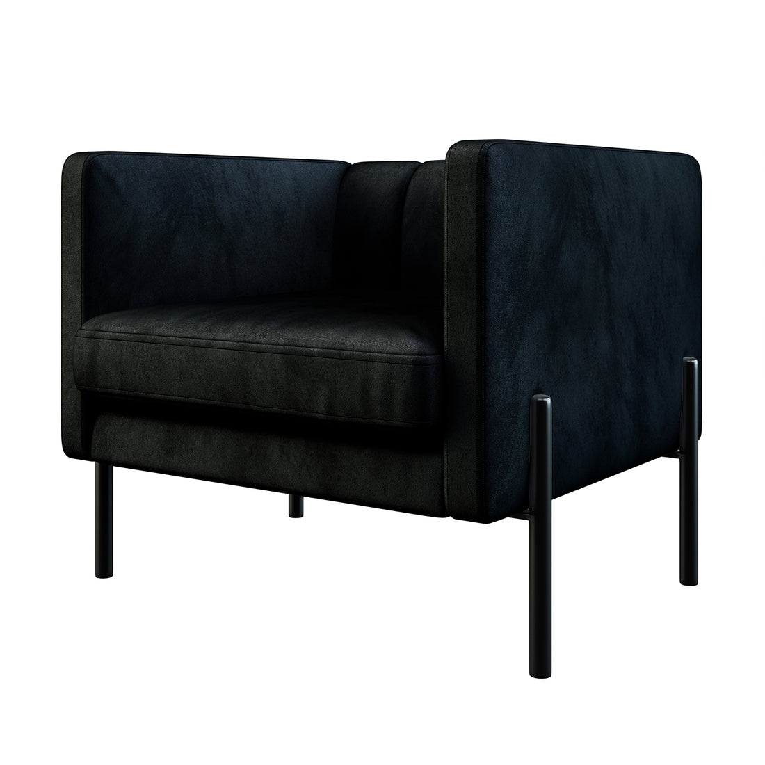 Avian Velvet Accent Sofa with Steel Legs in Black, featuring a modern, boxy design with straight arms, soft velvet upholstery, thick seat cushion, and slender black cylindrical metal legs for a sleek look.