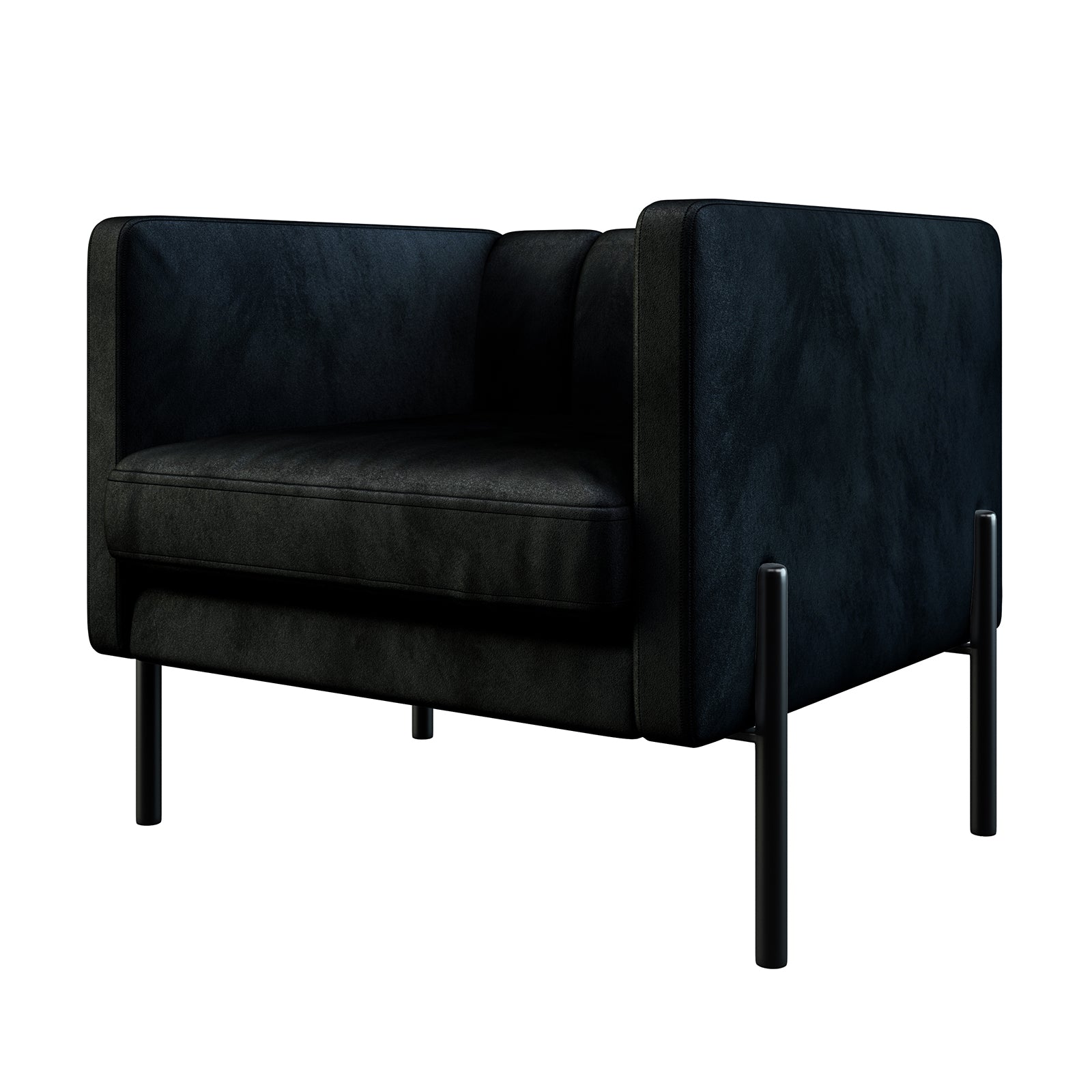 Avian Velvet Accent Sofa with Steel Legs in Black, featuring a modern, boxy design with straight arms, soft velvet upholstery, thick seat cushion, and slender black cylindrical metal legs for a sleek look.