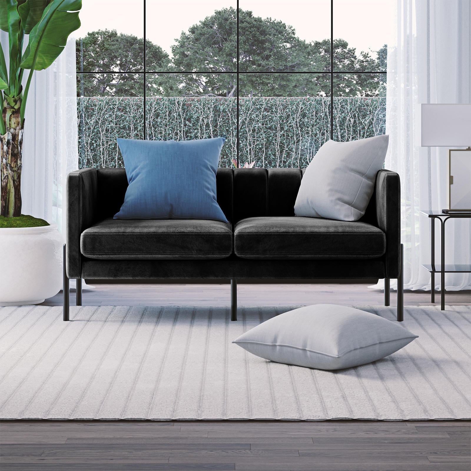 Avian 2 Seater Velvet Sofa with Steel Legs - Black