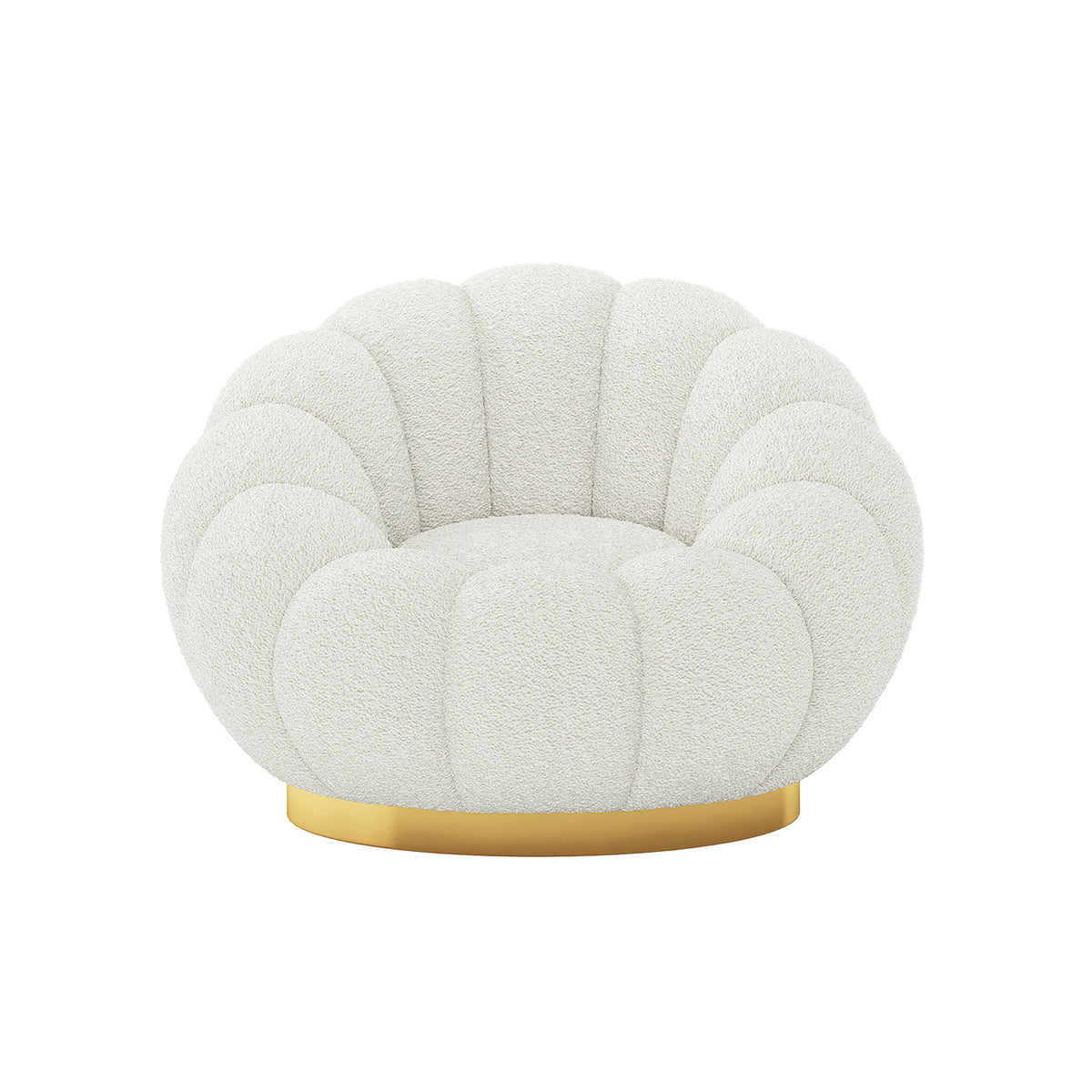 Beare Boucle Swivel Gold Base Accent Chair in Cream White, featuring a scalloped shell shape, boucle upholstery, and a gold-tone metal base, offering a luxurious, modern seating option.