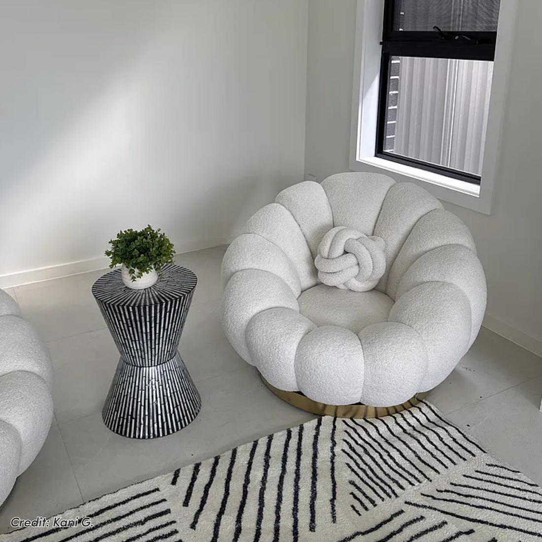 Beare Boucle Swivel Gold Base Accent Chair in Cream White