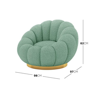 Beare Boucle Swivel Gold Base Accent Chair in Light Green features a textured sage-green bouclé upholstery, scalloped back, and gold-finished slim metal base, offering a sophisticated seating option.