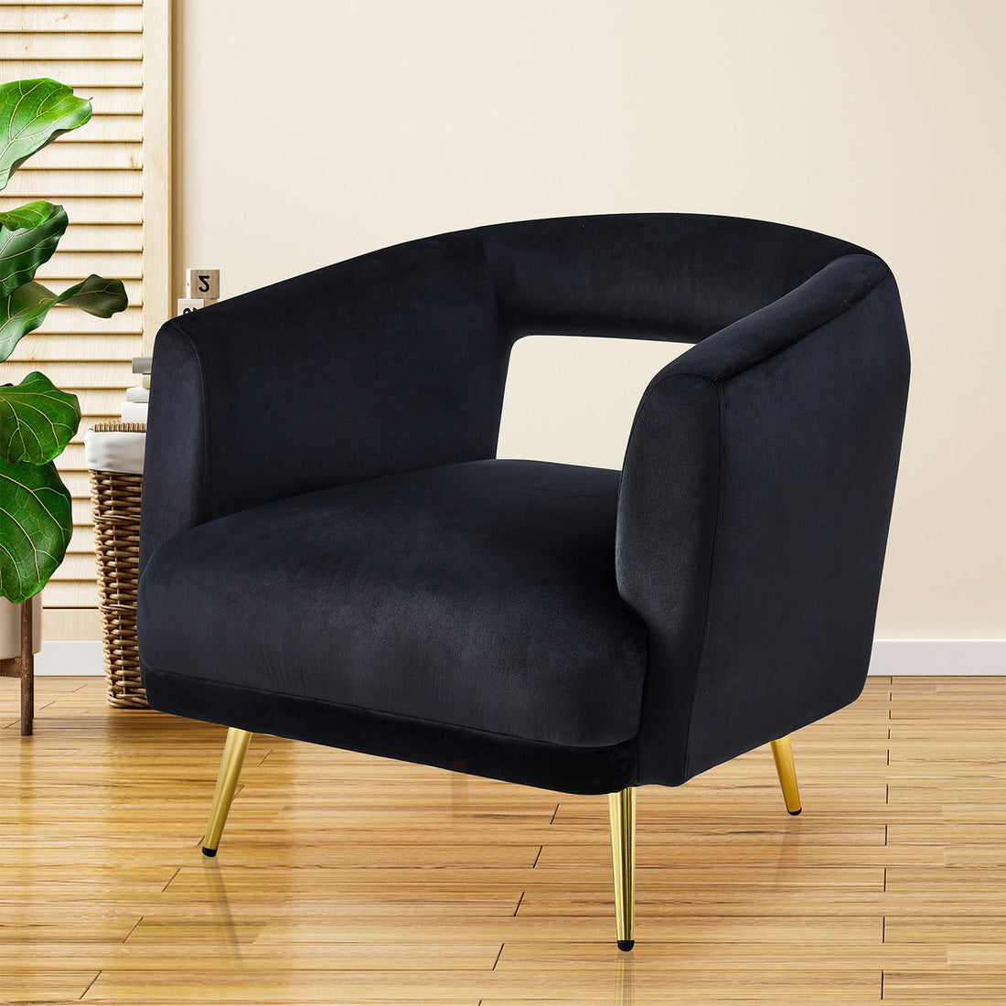 Bonnell Velvet Accent Chair with Gold Legs - Black - Lifestyle