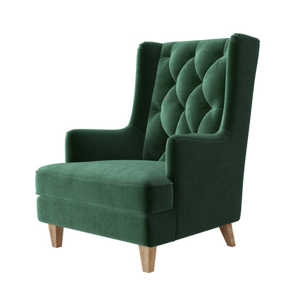 Brandt 2-in-1 Convertible Rocking Armchair – Dark Forest Green, featuring plush velvet upholstery, wooden legs, and armrests, showcasing its versatility and elegance in a sophisticated button-tufted wingback design.