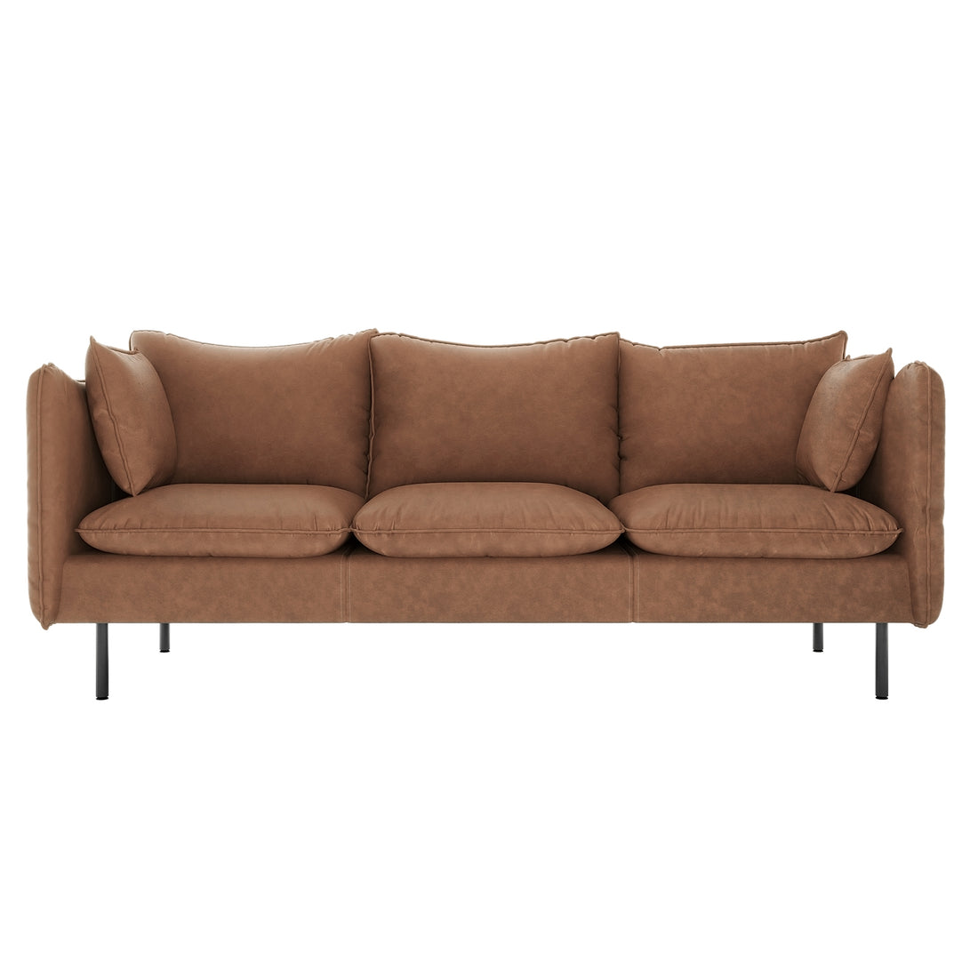 Cassian 3 Seater PU Leather Sofa in Chocolate Brown, featuring warm tan leather-look, three loose seat and back cushions, two side pillows, and slender black metal legs for a modern touch.
