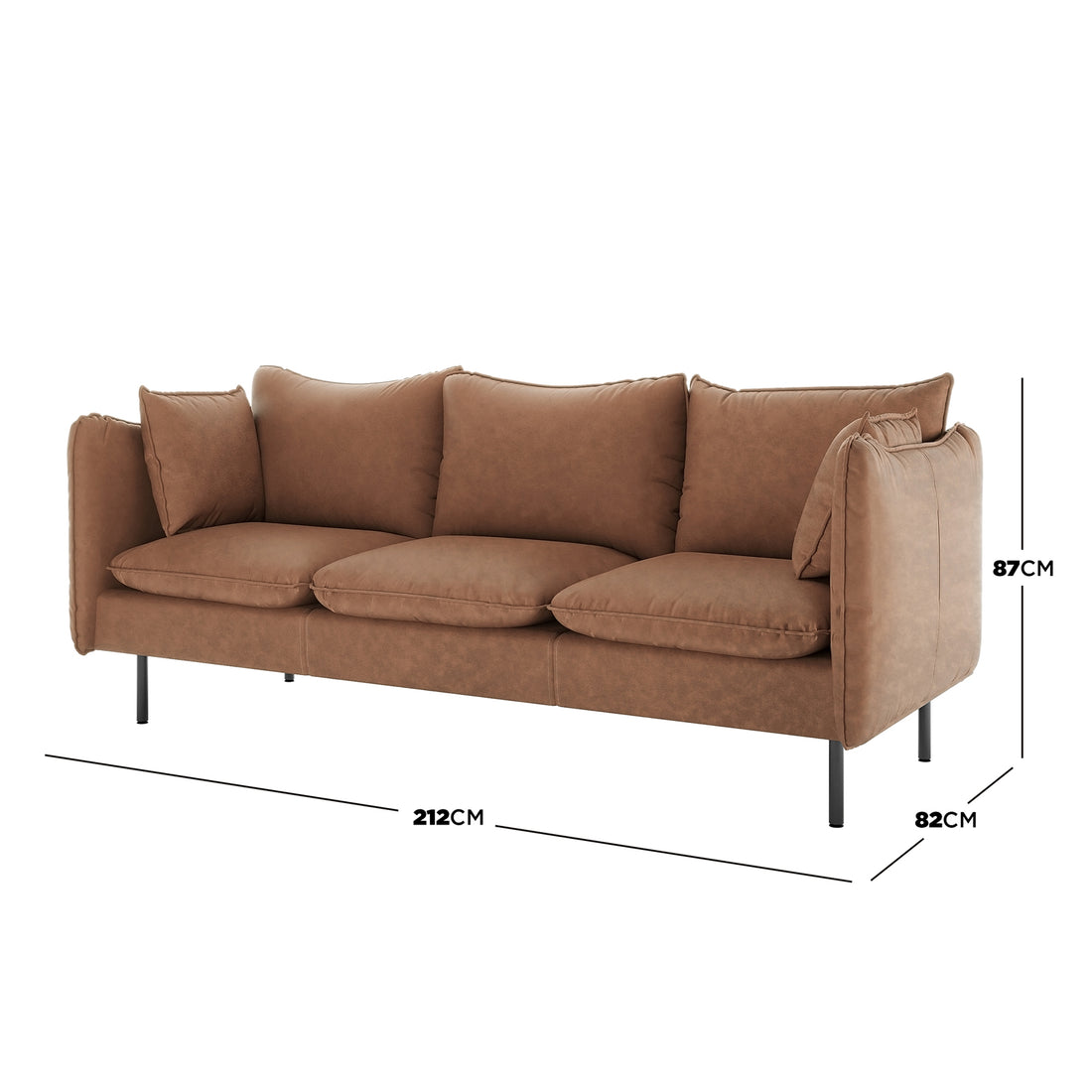 Cassian 5 Seater PU Leather Sofa Set in Chocolate Brown, featuring three loose seat and back cushions on a sleek frame with slender black metal legs, measuring 212 cm by 82 cm by 87 cm.