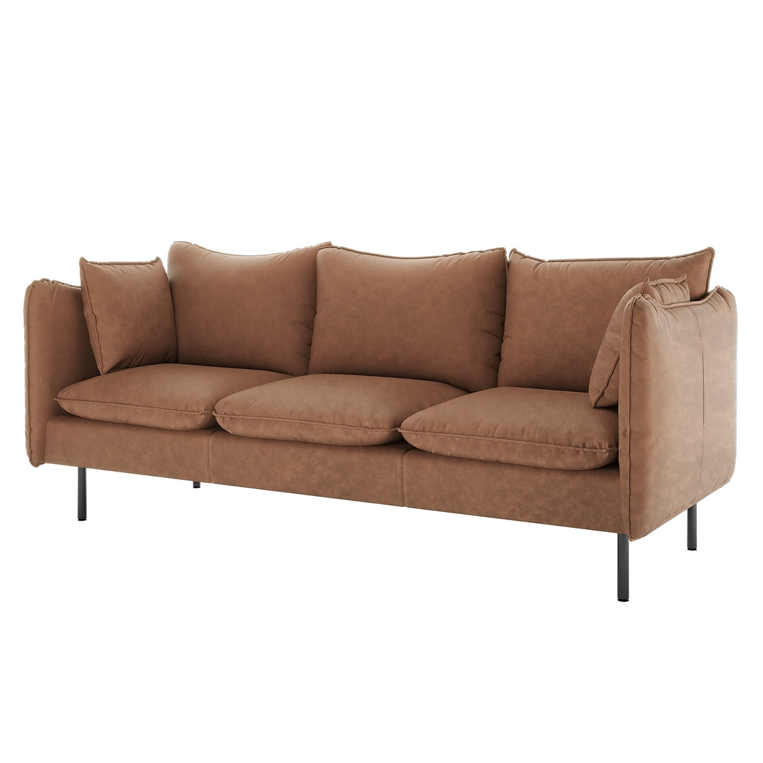 Cassian 6 Seater PU Leather Sofa Set in Chocolate Brown features a warm tan-brown leather upholstery, with three loose seat and back cushions, padded armrests, and sleek black metal legs for a modern look.