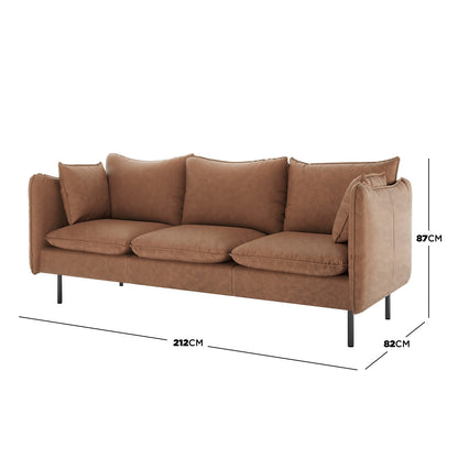 Cassian 6 Seater PU Leather Sofa Set in Chocolate Brown featuring a three-seat design with cognac-brown upholstery, slim black metal legs, loose cushions, and a matching throw pillow.