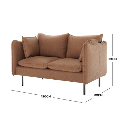 Cassian 6 Seater PU Leather Sofa Set in Chocolate Brown, featuring a modern two-seat loveseat with plush cushions, low-profile armrests, and slim black metal legs, measuring 150 cm wide, 82 cm deep, and 87 cm tall.