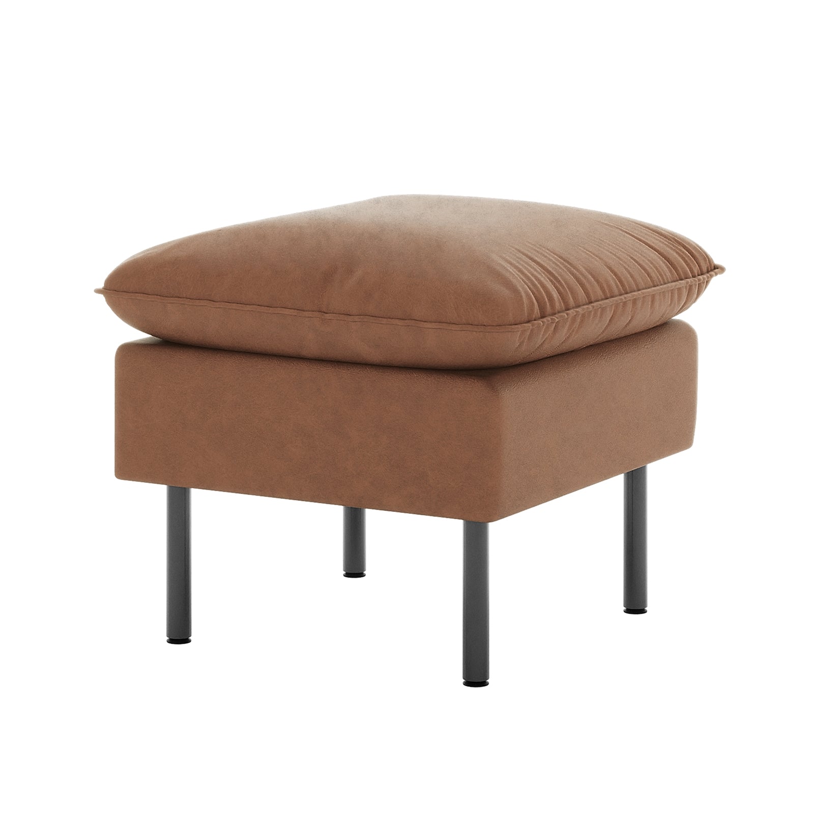 Cassian 6 Seater PU Leather Sofa Set in Chocolate Brown features a small, square ottoman with a plush leather-look cushion and slender black metal legs, matching the set's elegant design.