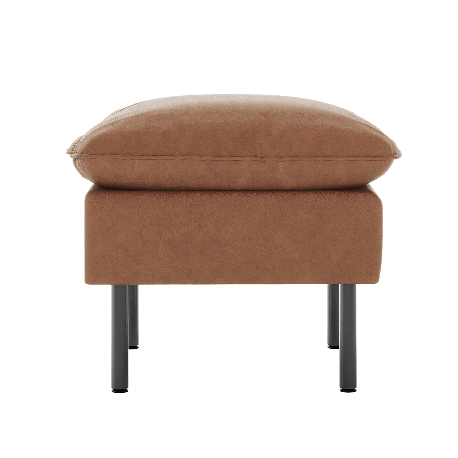Cassian 6 Seater PU Leather Sofa Set in Chocolate Brown featuring a small, plush, rectangular ottoman with a warm brown upholstery and four slender black metal legs.