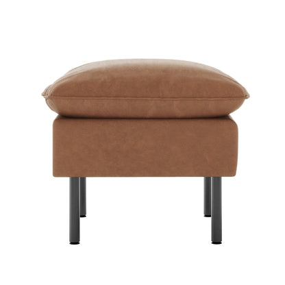 Cassian 6 Seater PU Leather Sofa Set in Chocolate Brown featuring a small, plush, rectangular ottoman with a warm brown upholstery and four slender black metal legs.