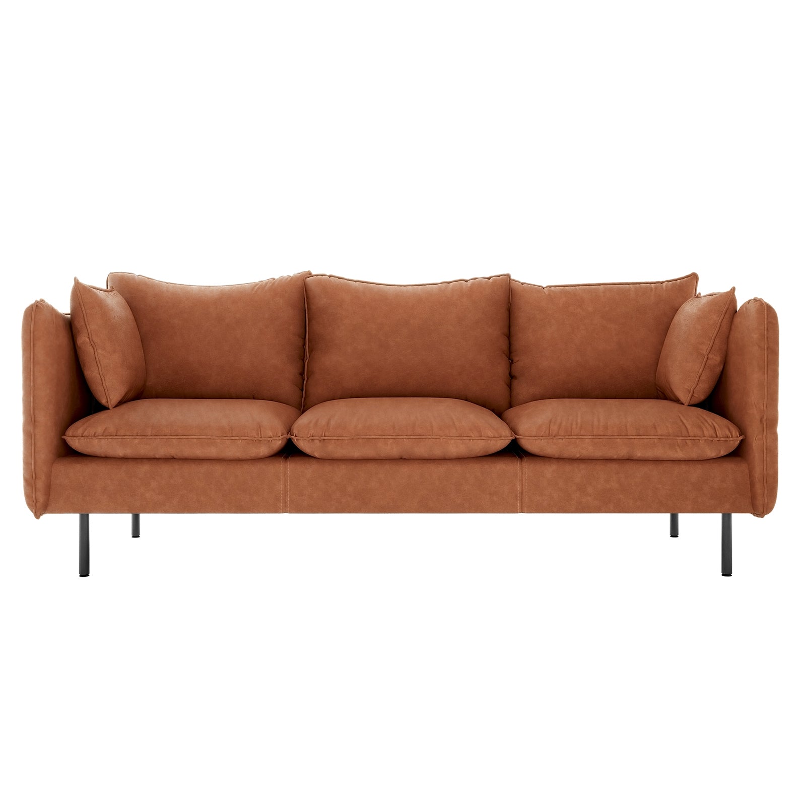Cassian 6 Seater PU Leather Sofa Set in Mocha, showcasing a three-seat configuration with tan-brown leather upholstery, loose cushions, padded arms, and slim black metal legs.