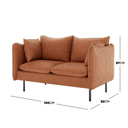 Cassian 6 Seater PU Leather Sofa Set in Mocha, featuring a 2-seater with plush cushions, padded arms, and slim metal legs, measuring 150 cm wide, 82 cm deep, and 87 cm tall.