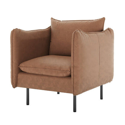 Cassian PU Leather Armchair features warm tan fabric, thick padded cushions, and slim black metal legs, combining elegance and comfort for a luxurious seating solution in any home space.