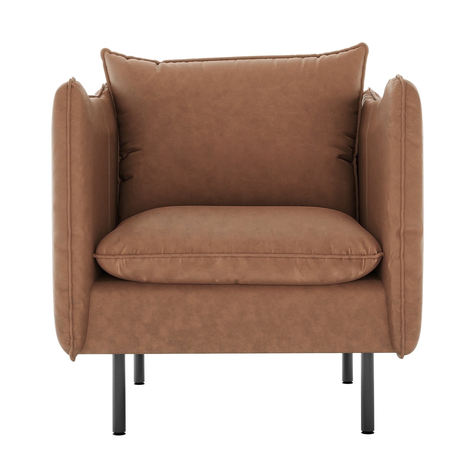 Cassian PU Leather Armchair in Chocolate Brown with a modern boxy design, featuring plush cushions and slender black metal legs, offers a cozy, enclosed seating experience, ideal for elegant interiors.