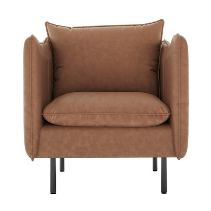 Cassian PU Leather Armchair in Chocolate Brown with a modern boxy design, featuring plush cushions and slender black metal legs, offers a cozy, enclosed seating experience, ideal for elegant interiors.