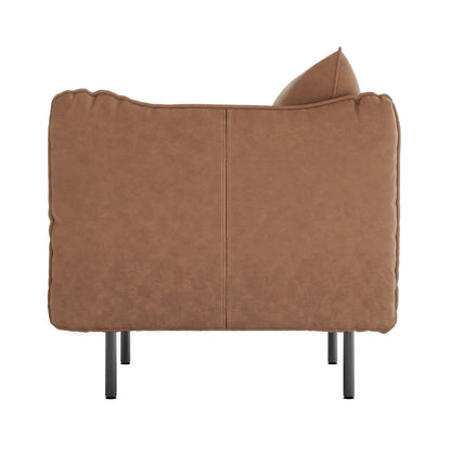 Cassian PU Leather Armchair in Chocolate Brown, featuring a sleek design with slim black metal legs, offering a luxurious and versatile seating option for various home settings.