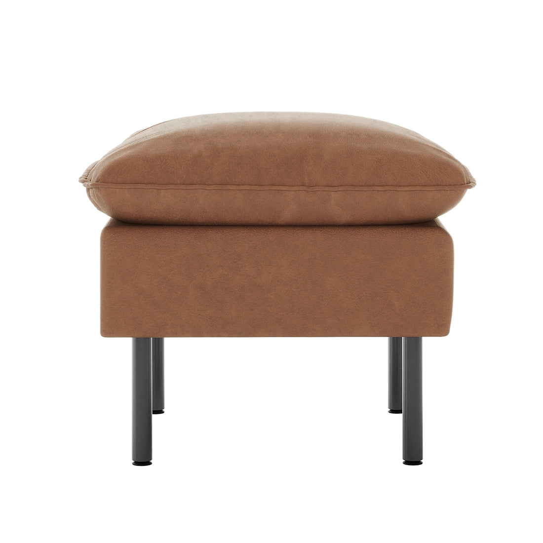 Cassian PU Leather Ottoman in Chocolate Brown features a plush, rectangular cushion and rests on slender black metal legs, offering a sleek, versatile design ideal for enhancing any room's style.