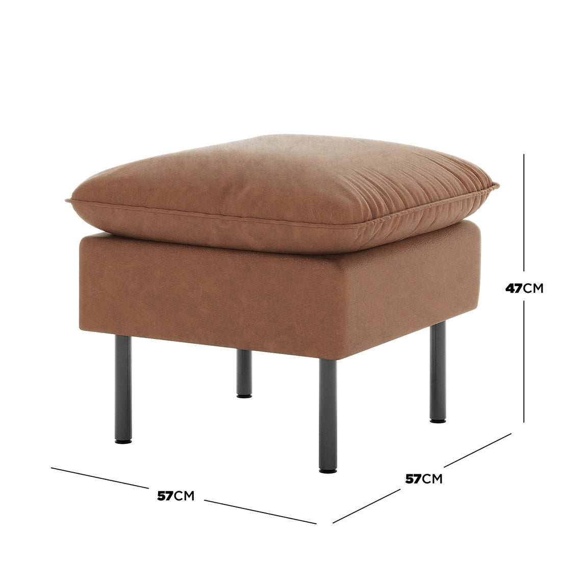Cassian PU Leather Ottoman in Chocolate Brown with a plush cushion and slim black metal legs, measuring 57 cm square and 47 cm high. Ideal for relaxation and versatile placement in any room.