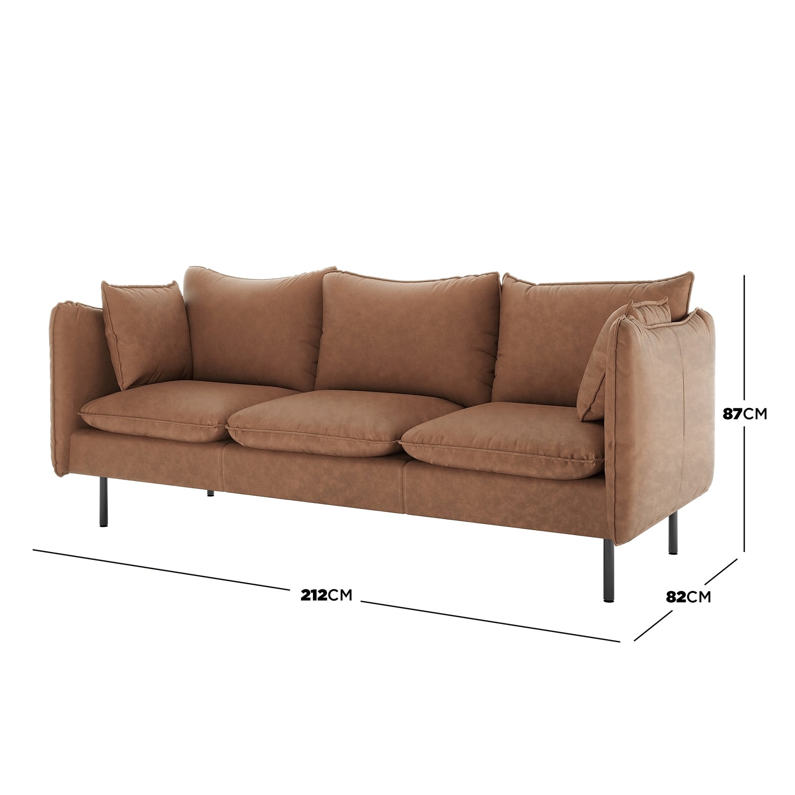 Cassian 7 Seater PU Leather Sofa Set in Chocolate Brown, featuring a modern three-seat sofa with loose cushions, slim black metal legs, and dimensions of 212 cm width, 82 cm depth, 87 cm height.
