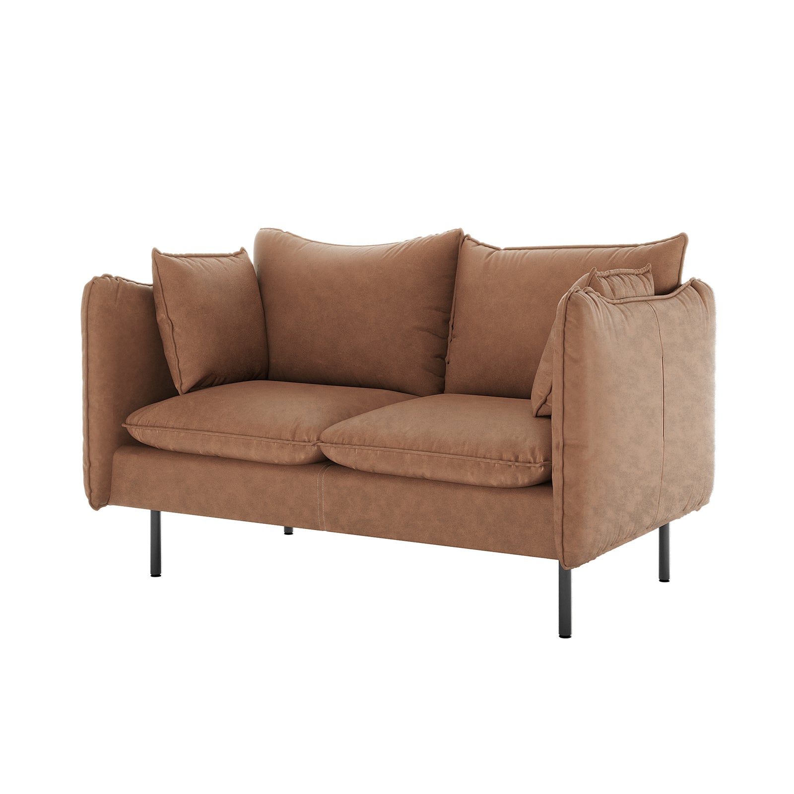 Cassian 7 Seater PU Leather Sofa Set features a cognac-brown two-seater with plush cushions and padded armrests, elevated on slim black metal legs, offering stylish comfort and timeless design.