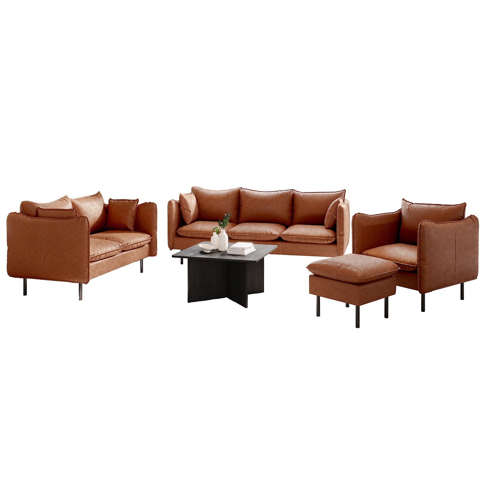 Cassian 7 Seater PU Leather Sofa Set in Mocha, featuring a two-seat loveseat, three-seat sofa, armchair with ottoman, and black coffee table, all with removable cushions and contemporary design.