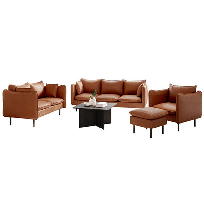 Cassian 7 Seater PU Leather Sofa Set in Mocha, featuring a two-seat loveseat, three-seat sofa, armchair with ottoman, and black coffee table, all with removable cushions and contemporary design.