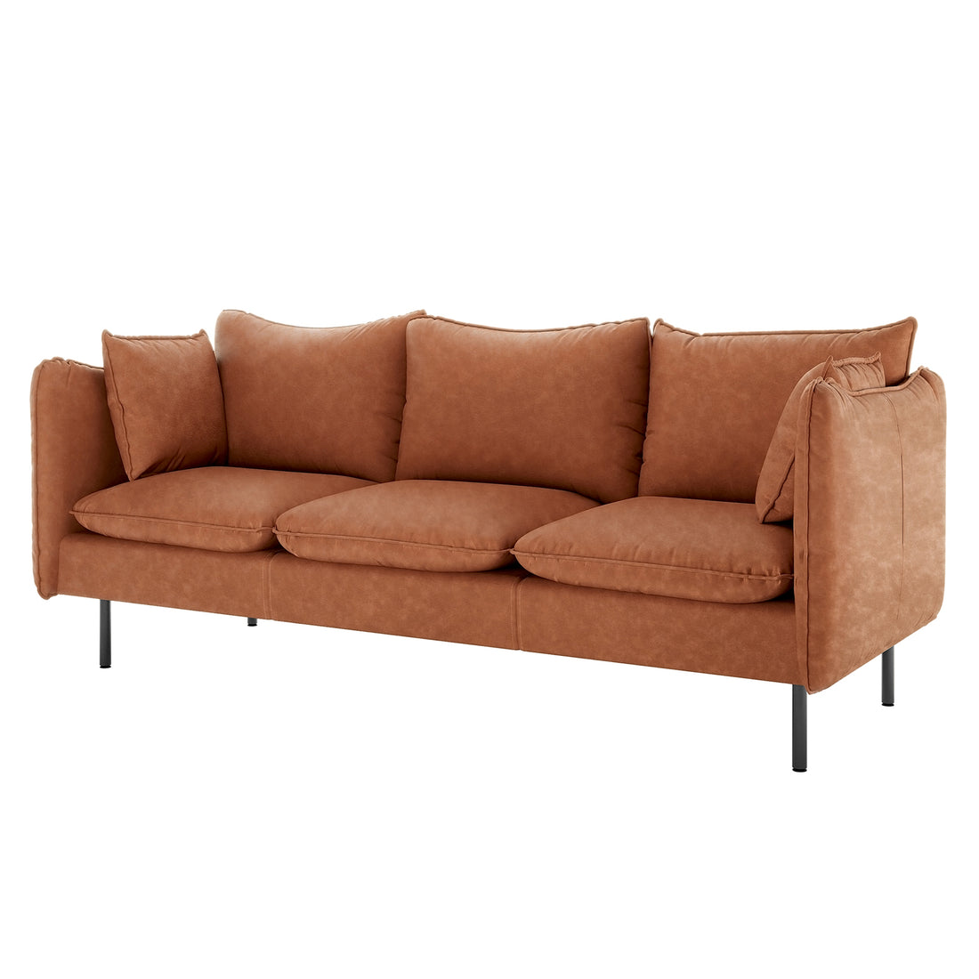 Cassian 7 Seater PU Leather Sofa Set in Mocha featuring a modern three-seat sofa with loose cushions, padded armrests, and slim black metal legs, offering style and comfort for any living room.