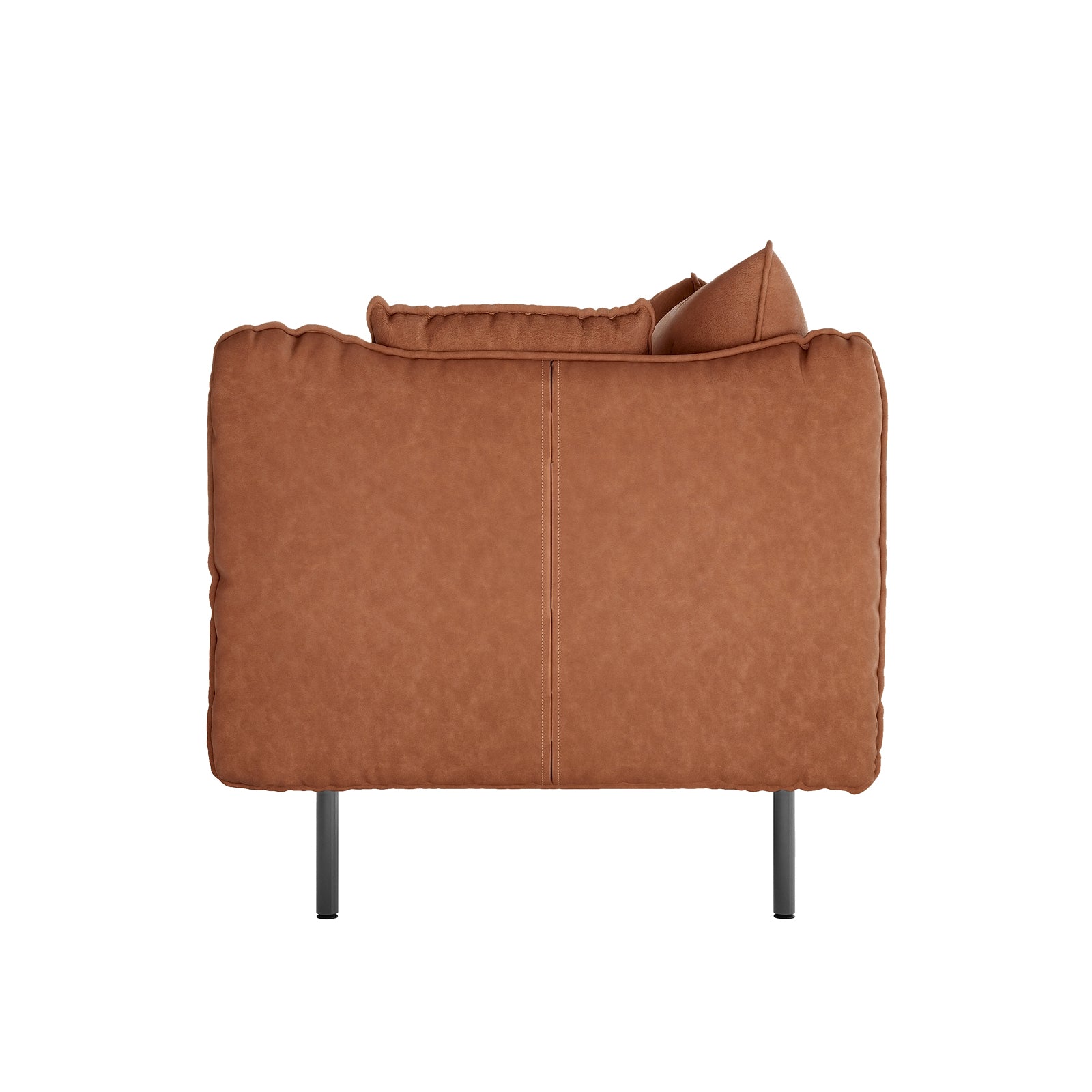 Cassian 7 Seater PU Leather Sofa Set features a cognac-brown armchair module with plush cushions and slender black metal legs, showcasing modern design and comfort against a white backdrop.