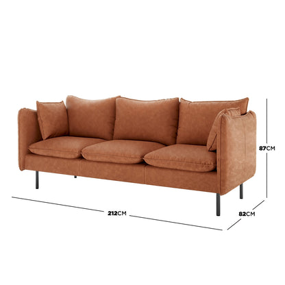 Cassian 7 Seater PU Leather Sofa Set in Mocha, featuring a modern three-seater with camel-brown upholstery, slim black metal legs, three loose back and seat cushions, measuring 212 x 82 x 87 cm.