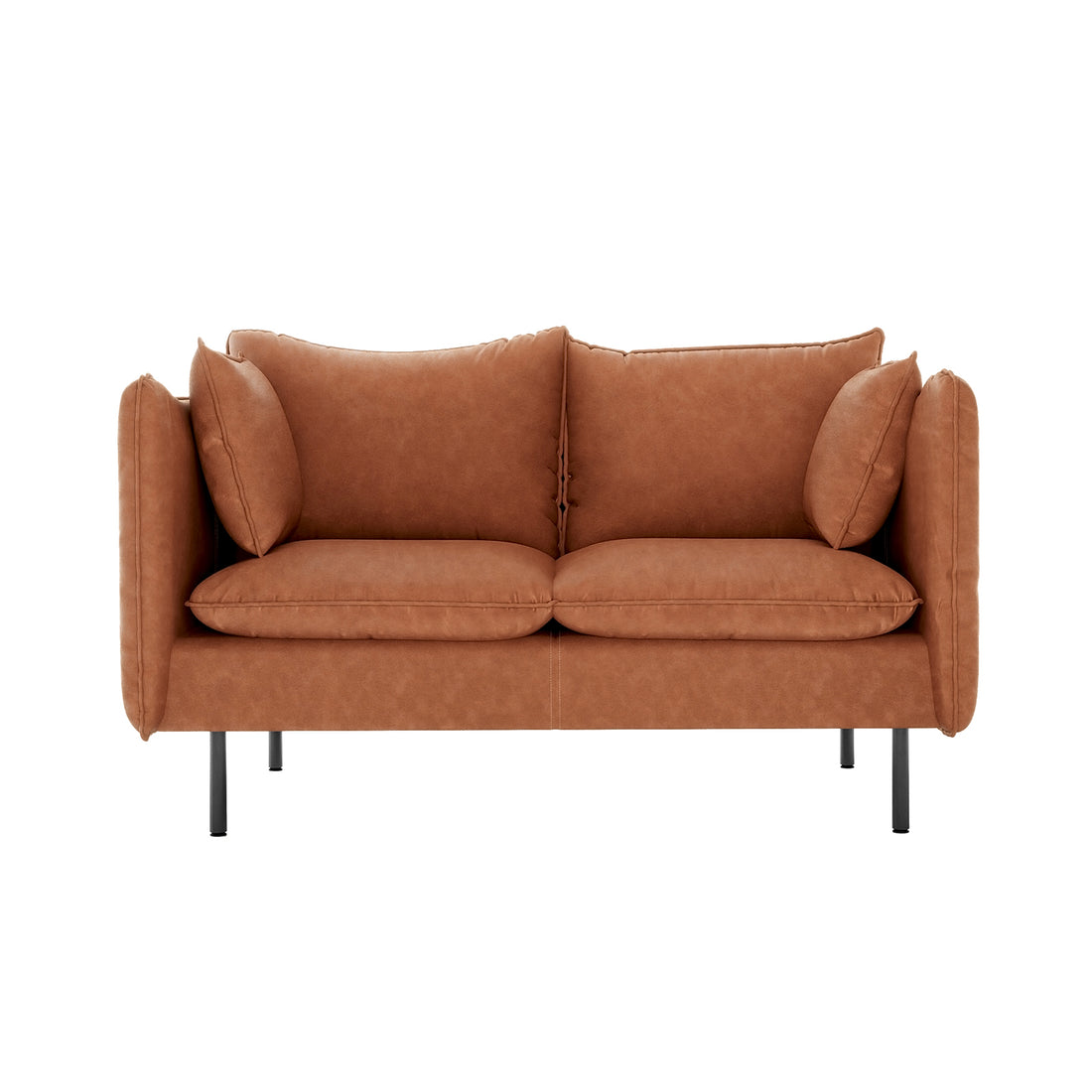 Cassian 7 Seater PU Leather Sofa Set in Mocha, featuring a two-seat loveseat with cognac-brown leather upholstery, two large seat and back cushions, and slim black metal legs for a modern silhouette.