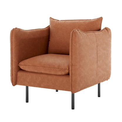 Cassian 7 Seater PU Leather Sofa Set features a modern armchair with plush tan cushions and black metal legs, showcasing its stylish design and comfort in a cohesive furniture collection.