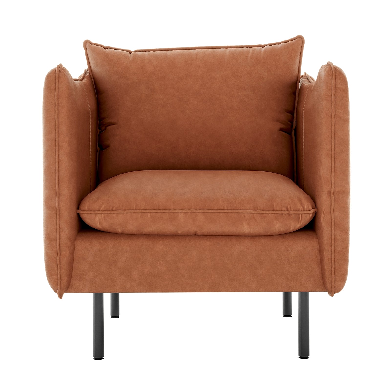 Cassian 7 Seater PU Leather Sofa Set in Mocha features a modern armchair with cognac upholstery, plush cushions, wing-style arms, and sleek black metal legs, ideal for stylish, comfortable seating.