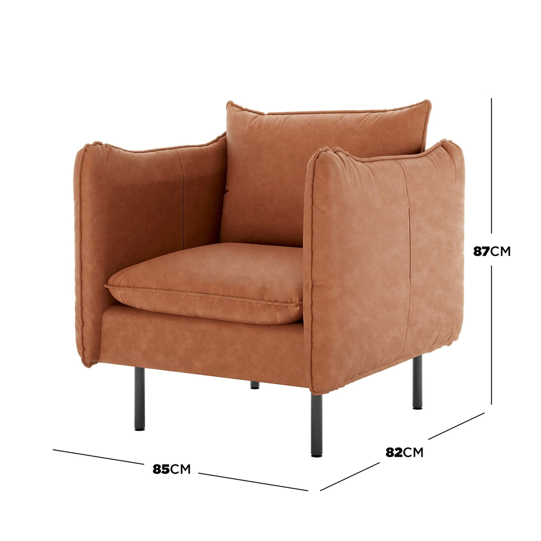 Cassian 7 Seater PU Leather Sofa Set in Mocha: A single-seat armchair with cognac-brown upholstery, plush boxed cushions, and slender black metal legs. Dimensions: 85cm wide, 82cm deep, 87cm tall.